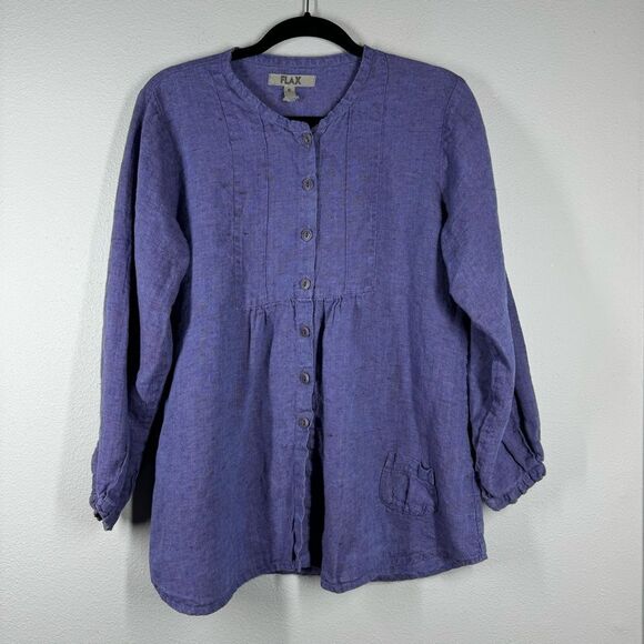 Flax 100% Linen Purple Blouse Button Front Long Sleeve Shirt Size Small - Picture 1 of 9